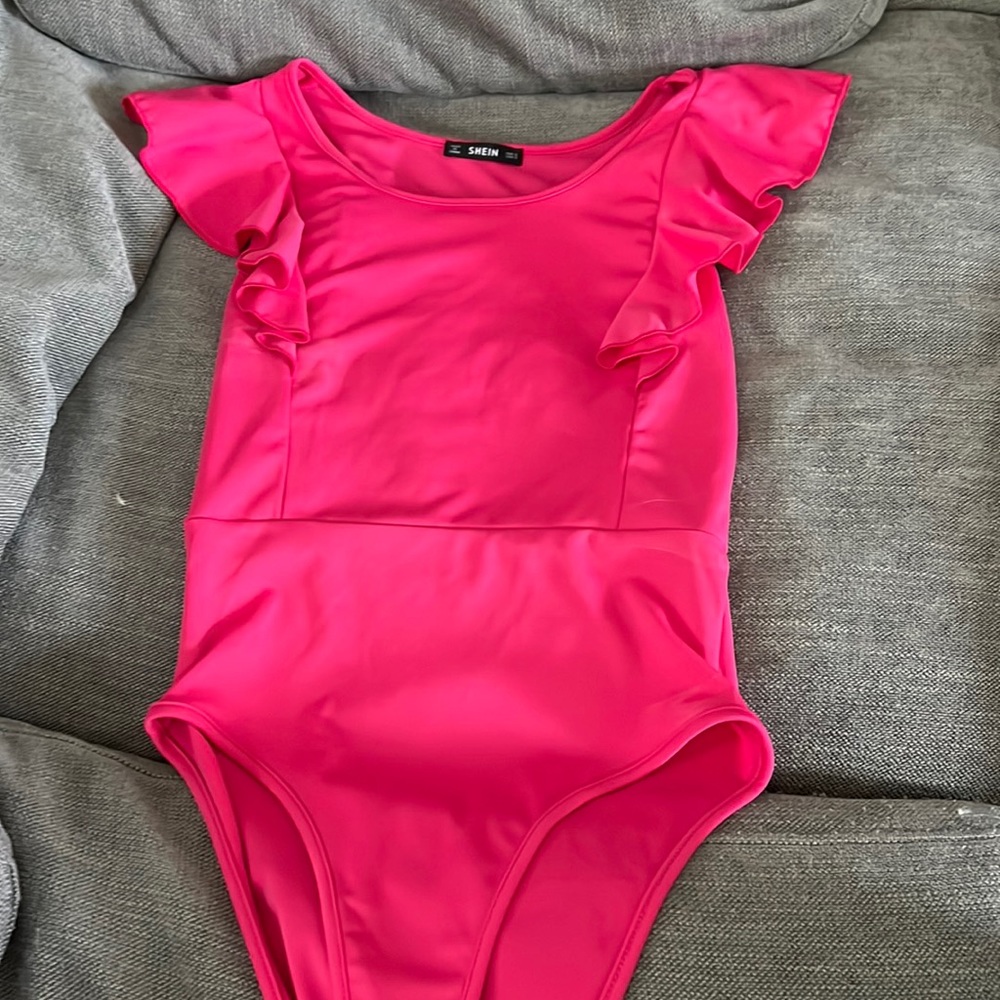 Hot pink body suit with flutter sleeve